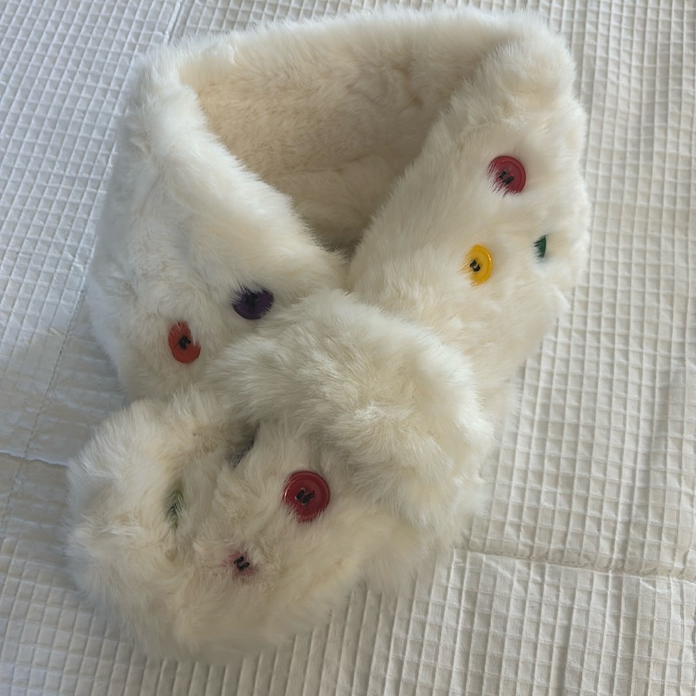 Fuzzy neck scarf/shawl accented with cute colorful buttons by Halara